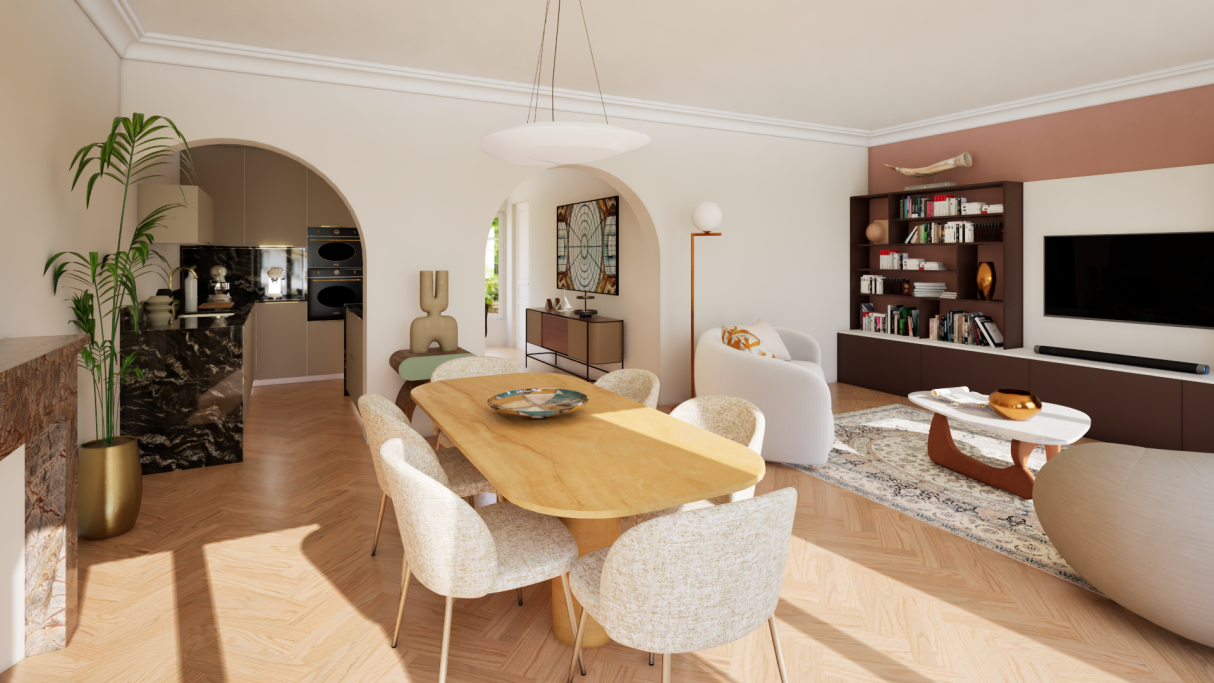 Intérieur moderne d'un salon avec une table à manger, des chaises et un espace de vie lumineux.