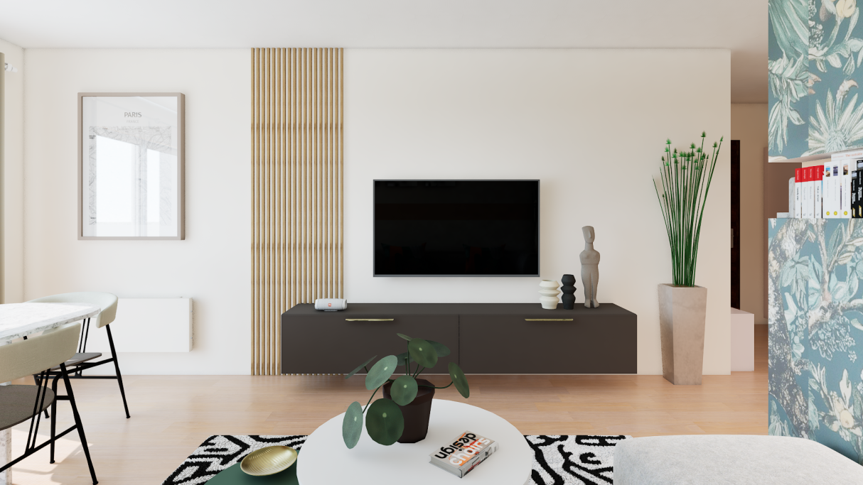 Intérieur moderne avec un salon, un téléviseur mural et des éléments décoratifs.