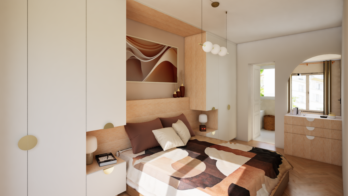 Chambre moderne avec lit double, couleurs neutres et décoration minimaliste.