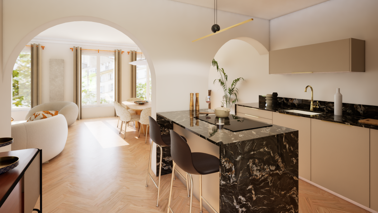 Architecture d'intérieure moderne avec îlot en quartz, mobilier minimaliste et lumière naturelle.