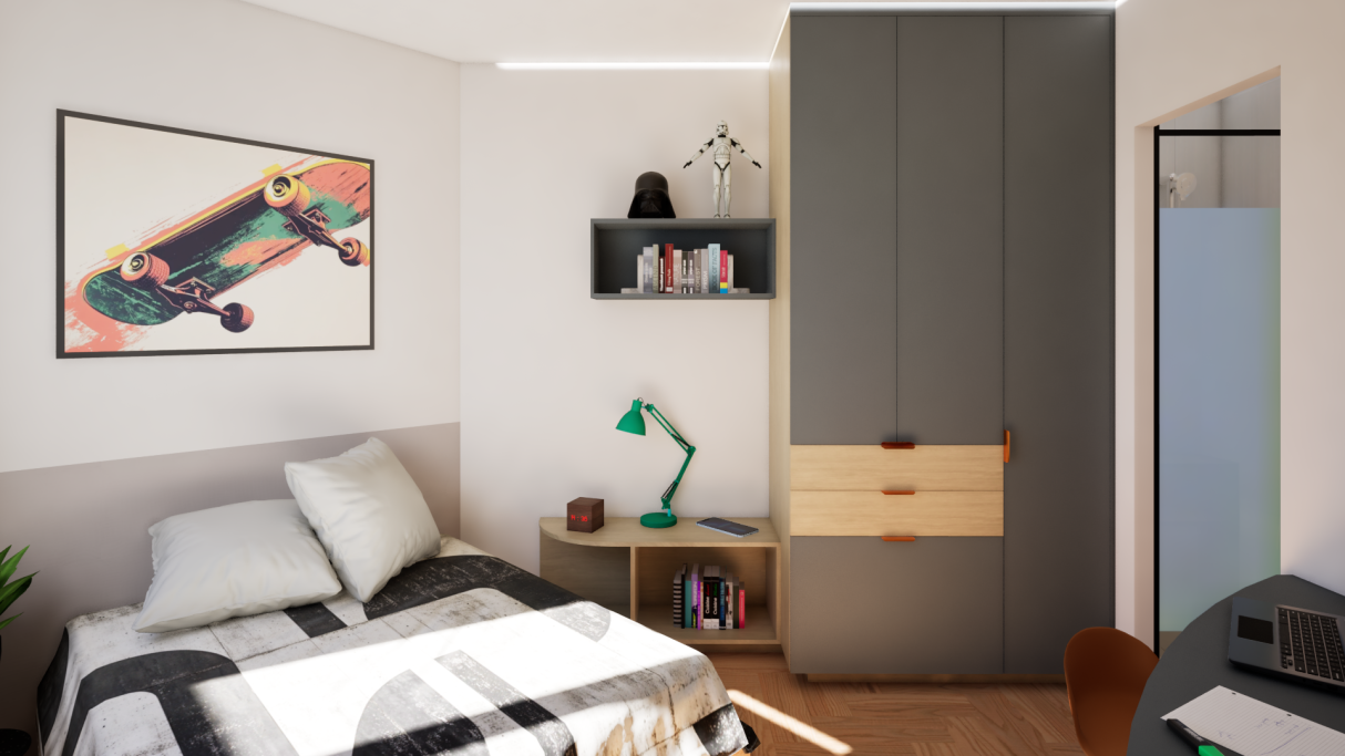 Chambre moderne avec lit, bureau, placard et décoration minimaliste.