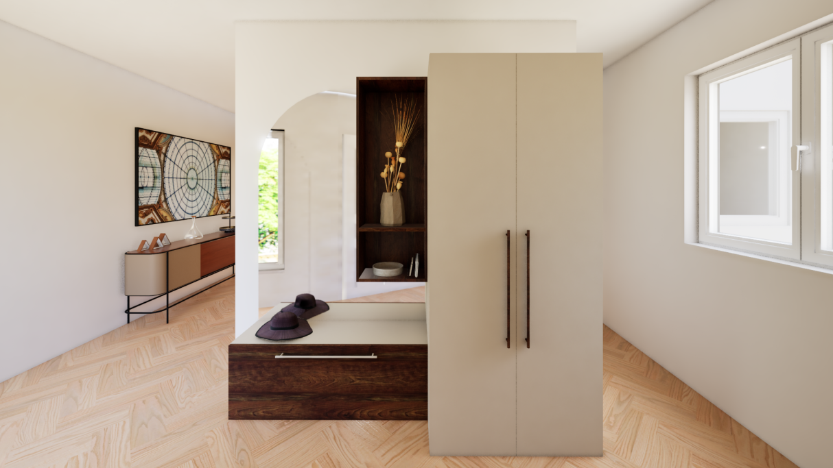 Entrée moderne avec un lit intégré et des fenêtres laissant passer la lumière.