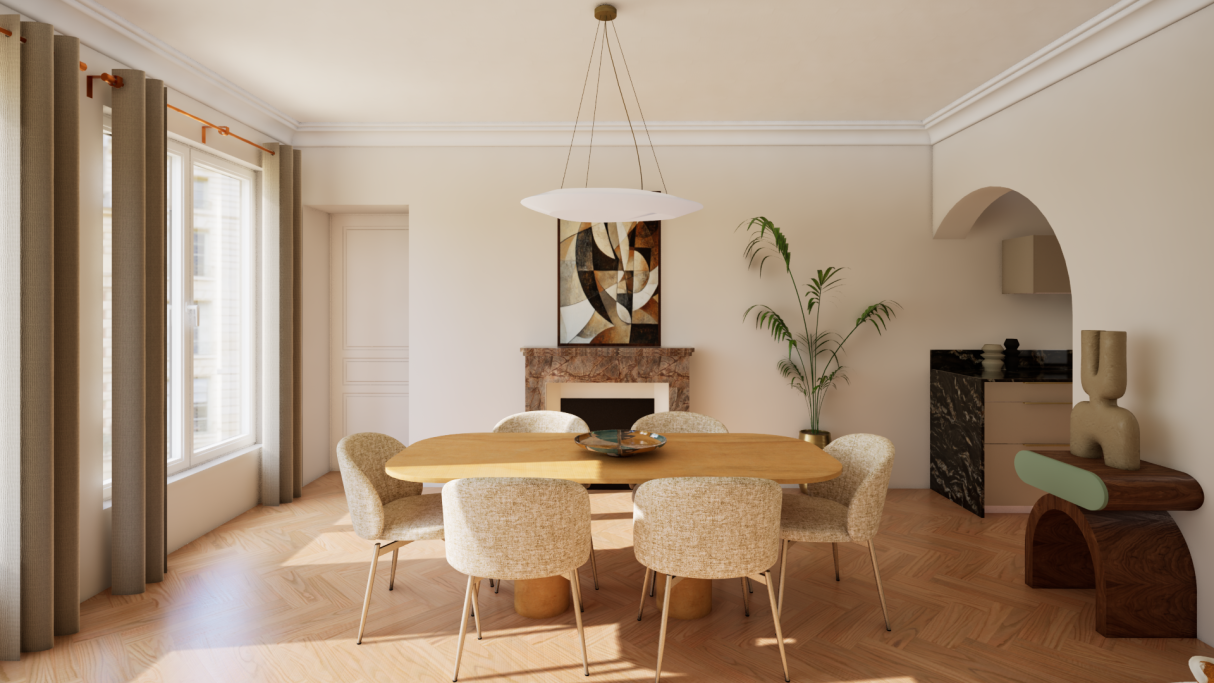 Salle à manger moderne avec table ovale, chaises claires et décoration minimaliste.