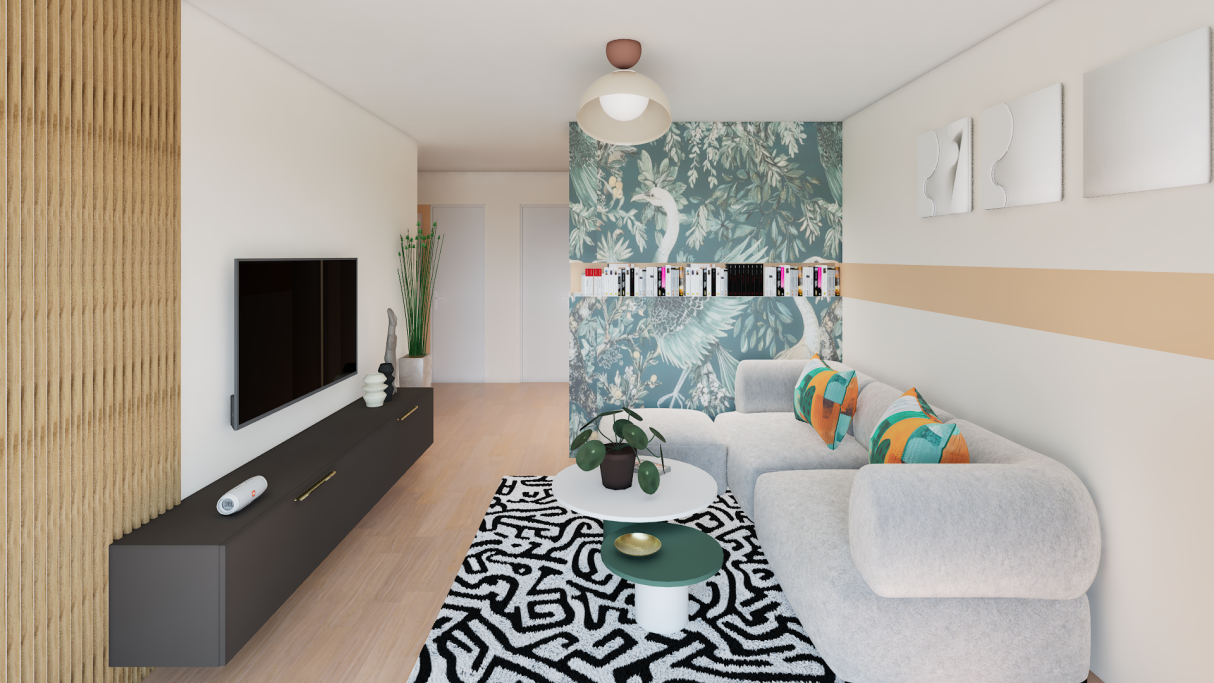 Intérieur moderne d'un salon avec canapé, télévision et décoration colorée.