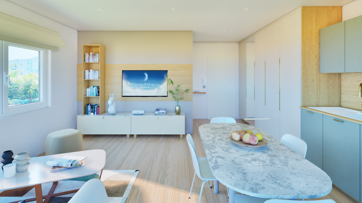 Intérieur lumineux d'un salon moderne avec une table à manger et un canapé.