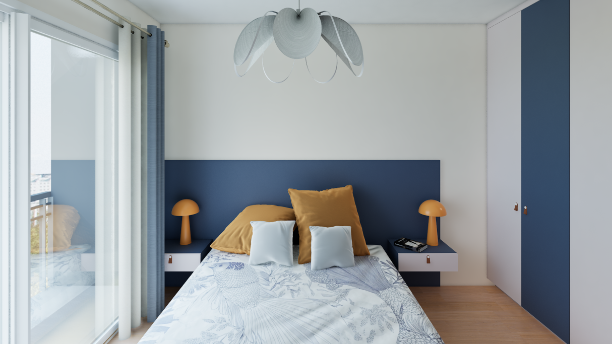 Chambre moderne avec lit, lampes, et murs bleus et blancs.