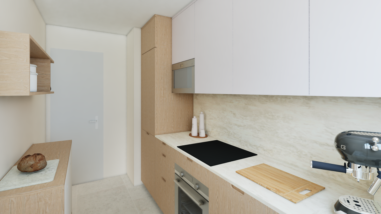 Cuisine moderne avec des meubles en bois clair et plan de travail en marbre.