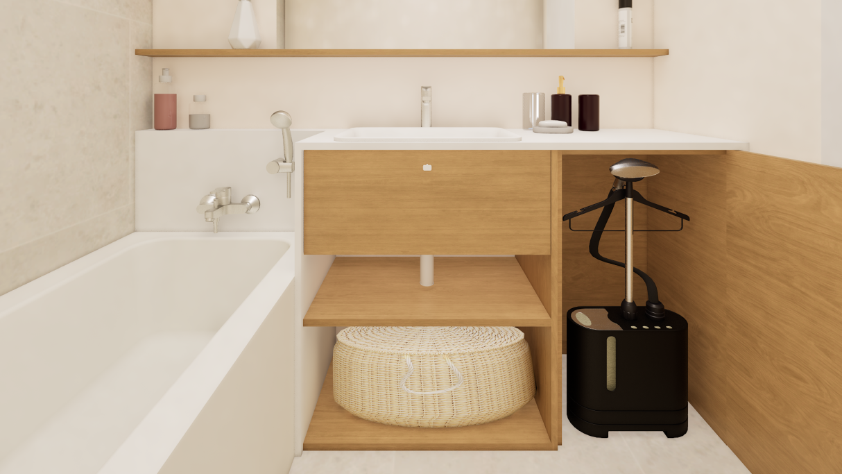 Salle de bain moderne avec baignoire, meuble en bois, et équipements de rangement.