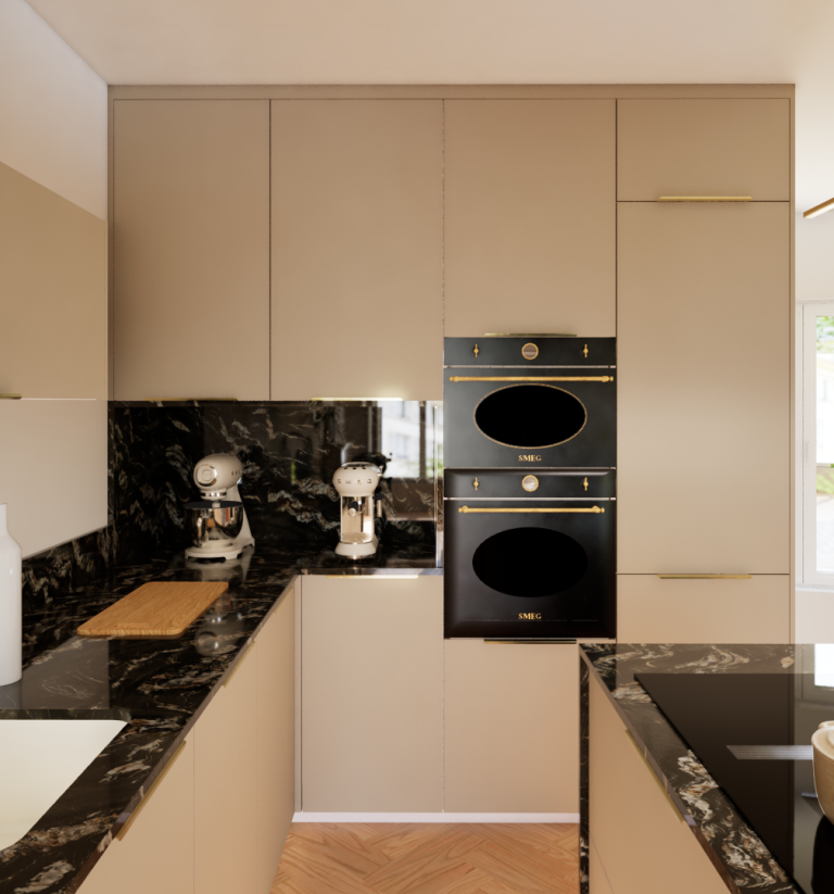 Cuisine moderne avec îlot et composants adaptés aux usages.