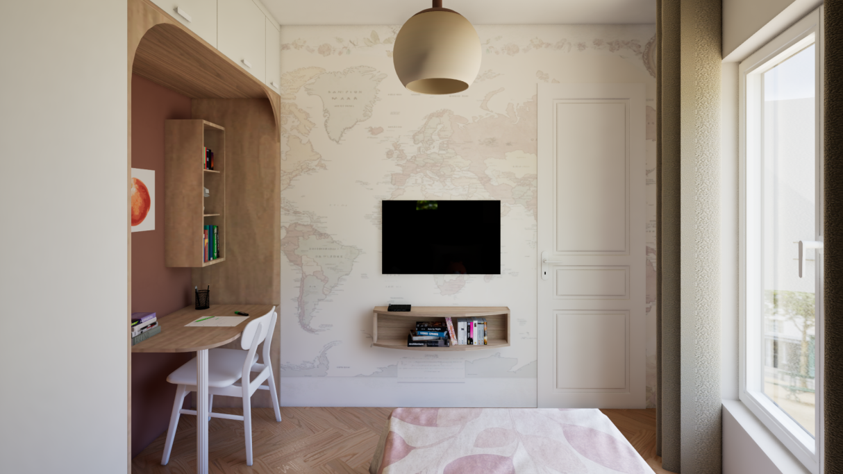 Chambre contemporaine avec lit, bureau, télévision murale et fenêtre illuminant l'espace.