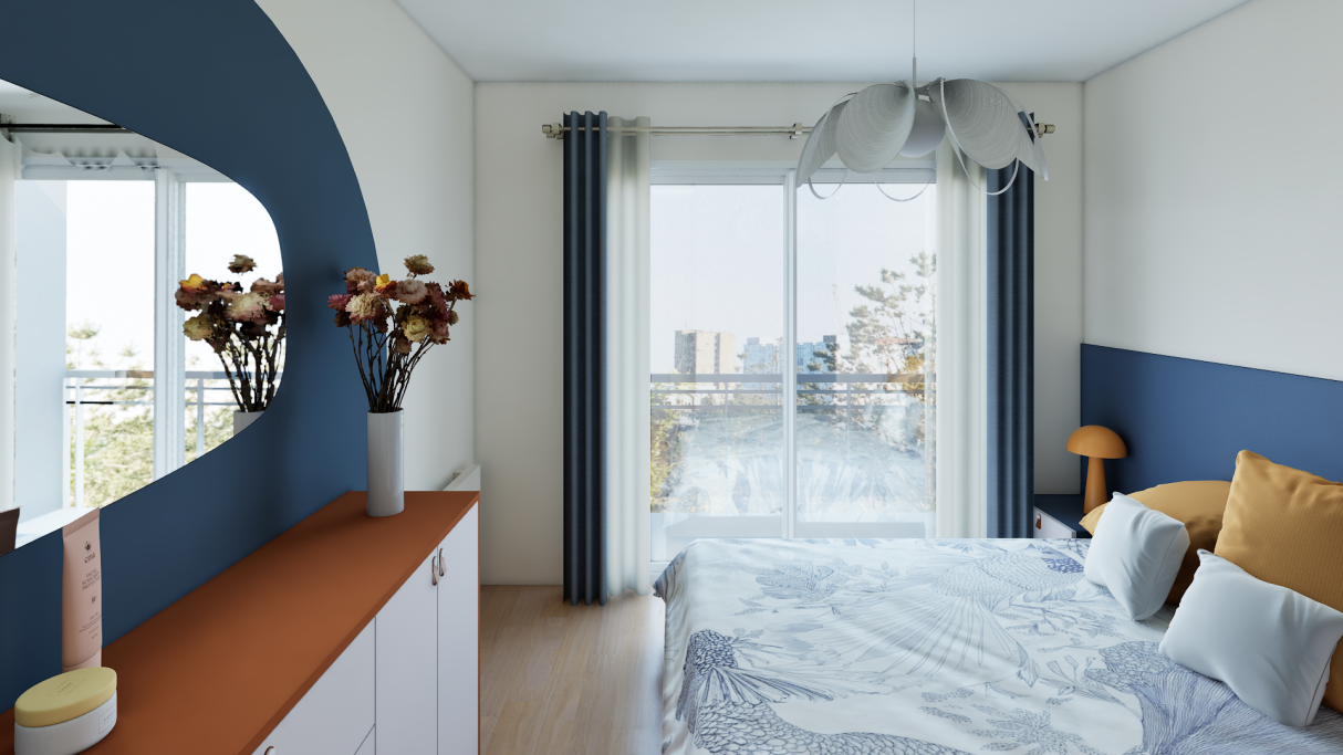 Chambre moderne avec des murs bleus, un lit confortable et une terrasse ensoleillée.