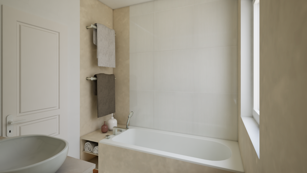 Salle de bain moderne avec baignoire, lavabo et serviettes accrochées au mur.
