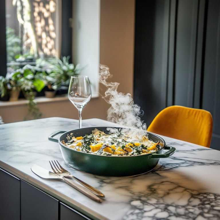 Casserole chaude sur un plan de travail en céramique