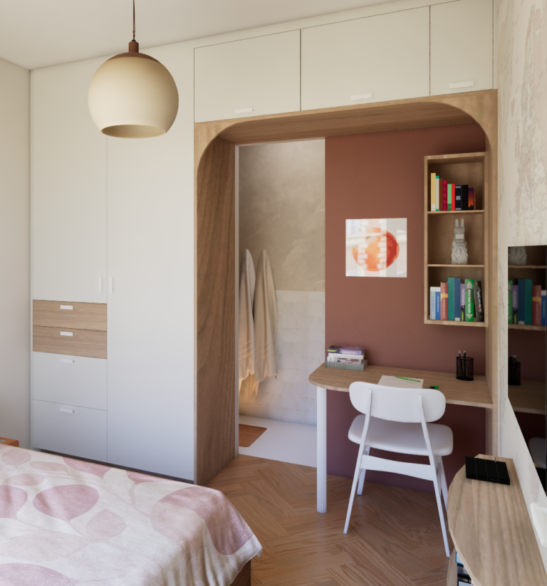 Chambre moderne avec rangements intégrés et accès à une salle de bain. 