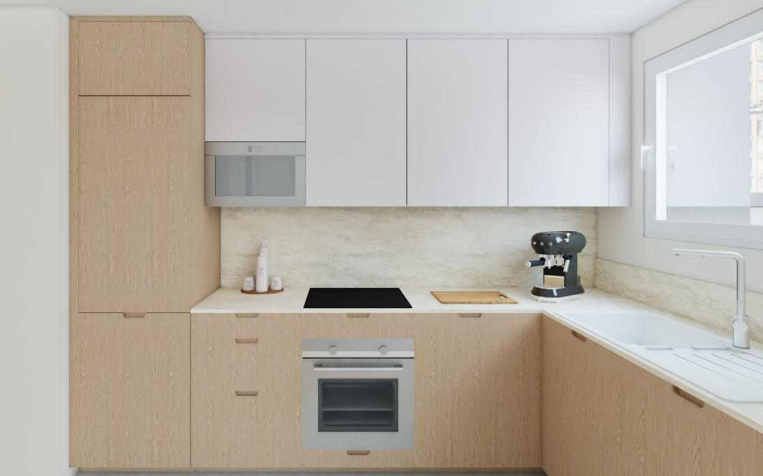 Cuisine moderne avec des meubles en bois clair et un plan de travail en marbre.