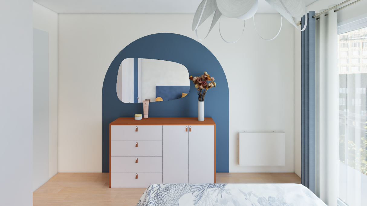 Mobilier moderne avec un mur bleu, un miroir et un vase de fleurs.