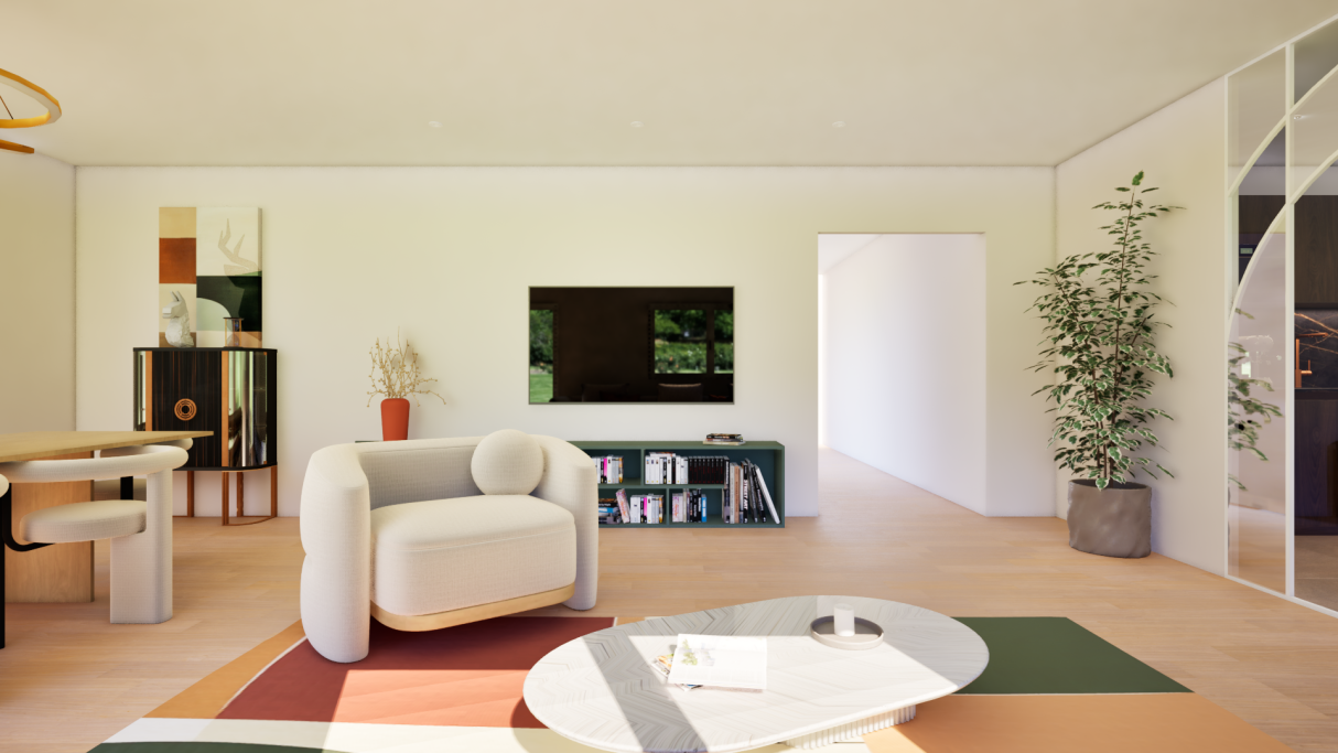 Salon moderne avec fauteuil, télévision murale et plantes dans un décor lumineux et épuré.