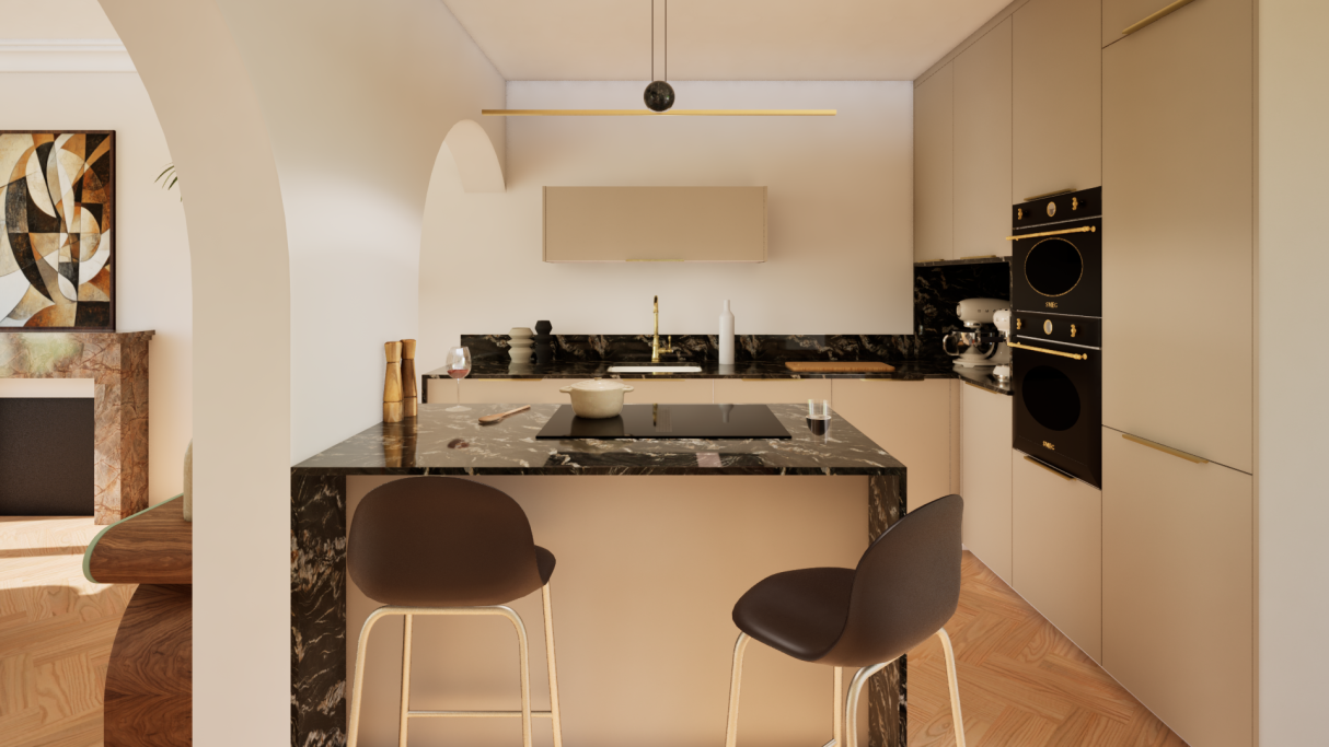 Cuisine moderne avec îlot central, tabourets et appareils électroménagers intégrés.