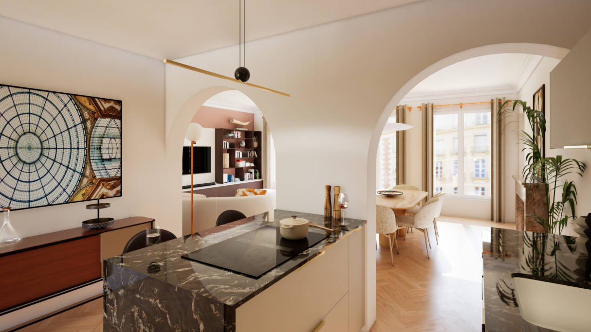 Intérieur moderne d'un salon lumineux avec cuisine ouverte et décoration élégante.