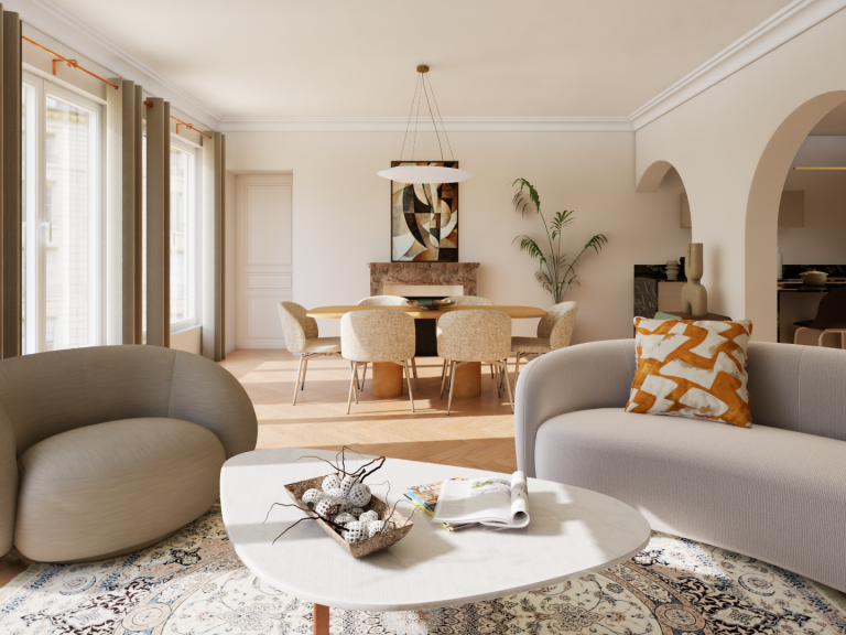 Architecture d'intérieure moderne avec canapés, table basse et grande luminosité naturelle.