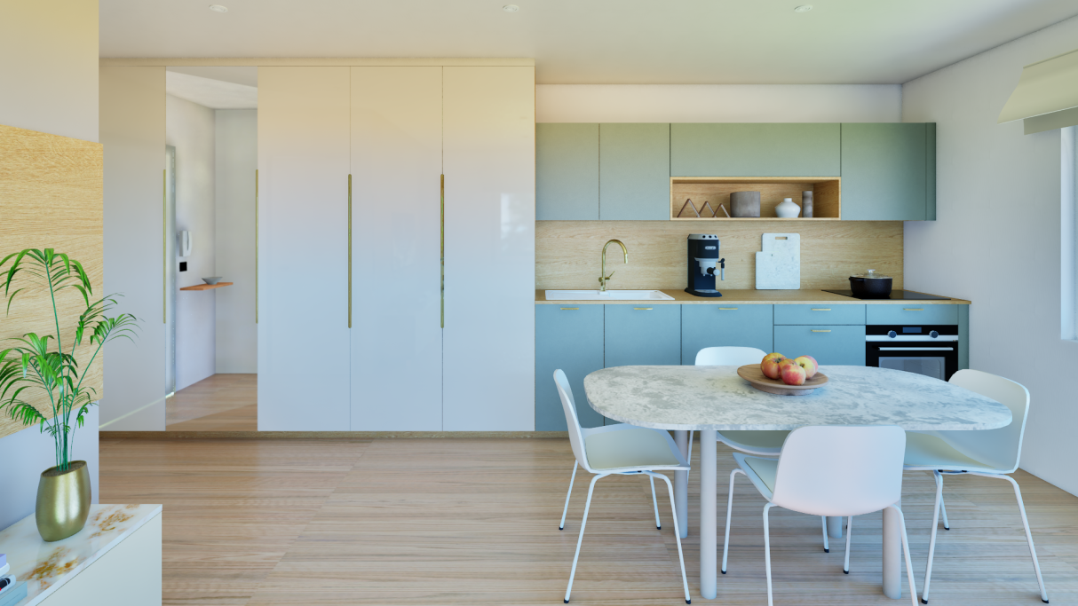 Cuisine moderne avec un coin repas, meubles clairs et lumineux, et une plante d'intérieur.
