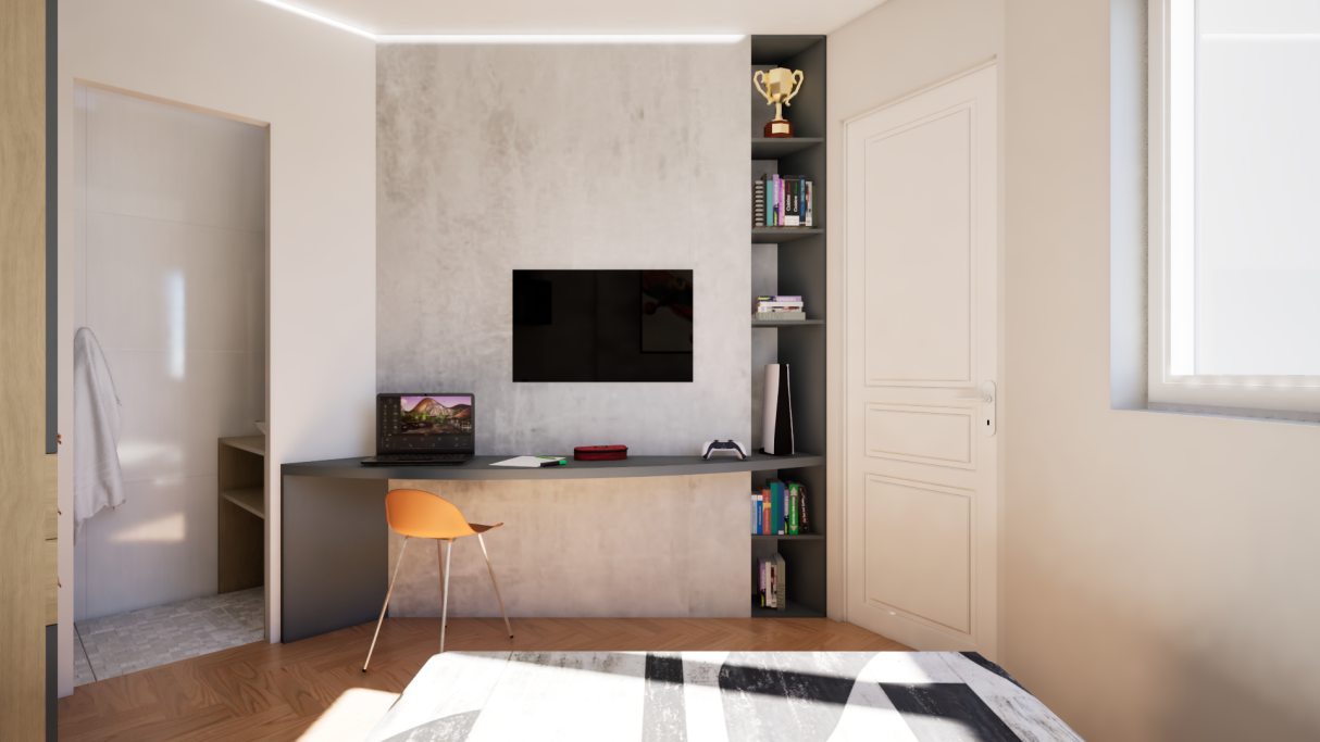 Mur aménagé avec bureau, télévision et bibliothèque intégrée. Décoration urbaine.