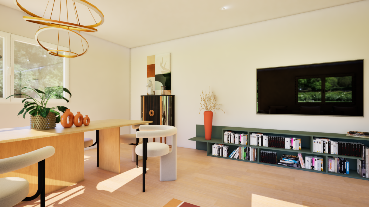 Intérieur moderne et lumineux avec un salon, une table et des meubles élégants.