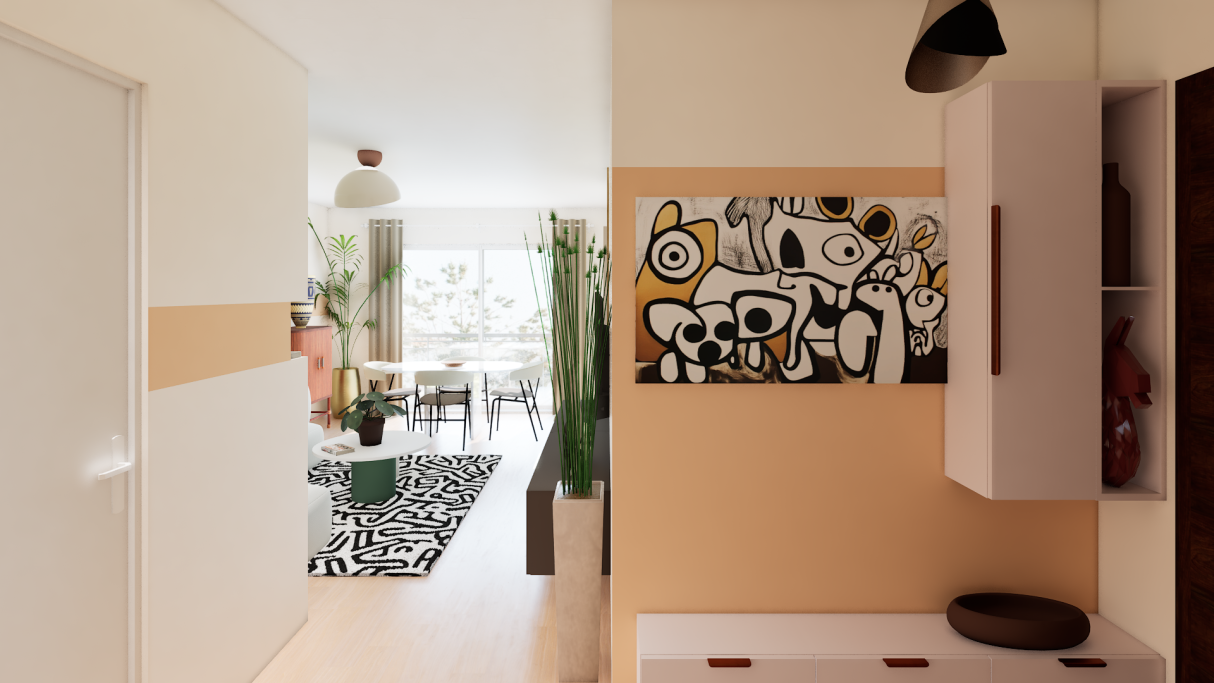 Intérieur moderne avec mur peint en ocre et œuvre d'art colorée. Espace lumineux et accueillant.