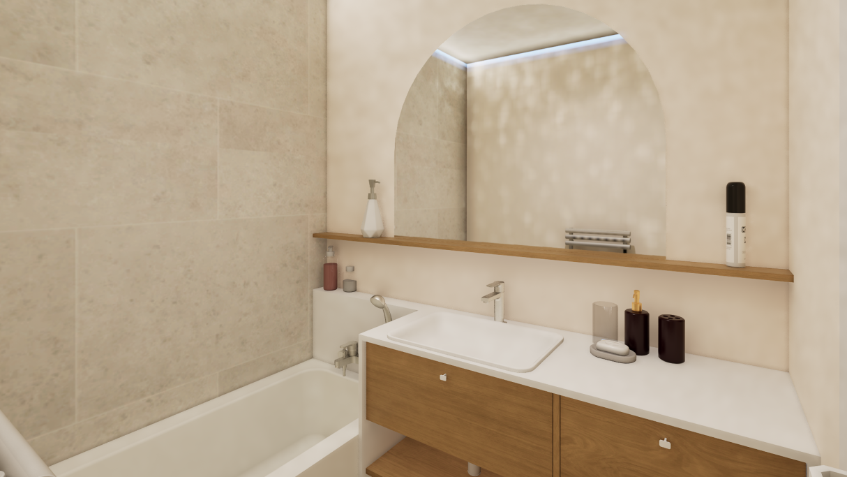 Salle de bains moderne avec baignoire, miroir et meuble en bois clair.
