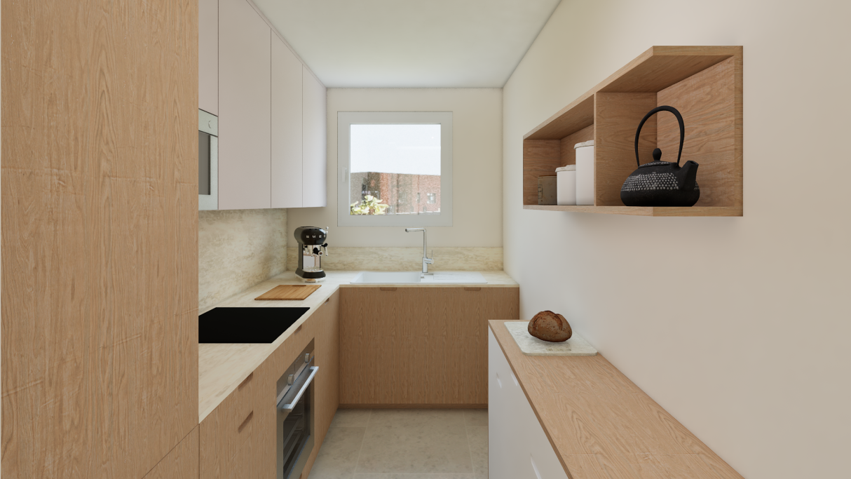Cuisine moderne avec des armoires en bois clair et un plan de travail en pierre.