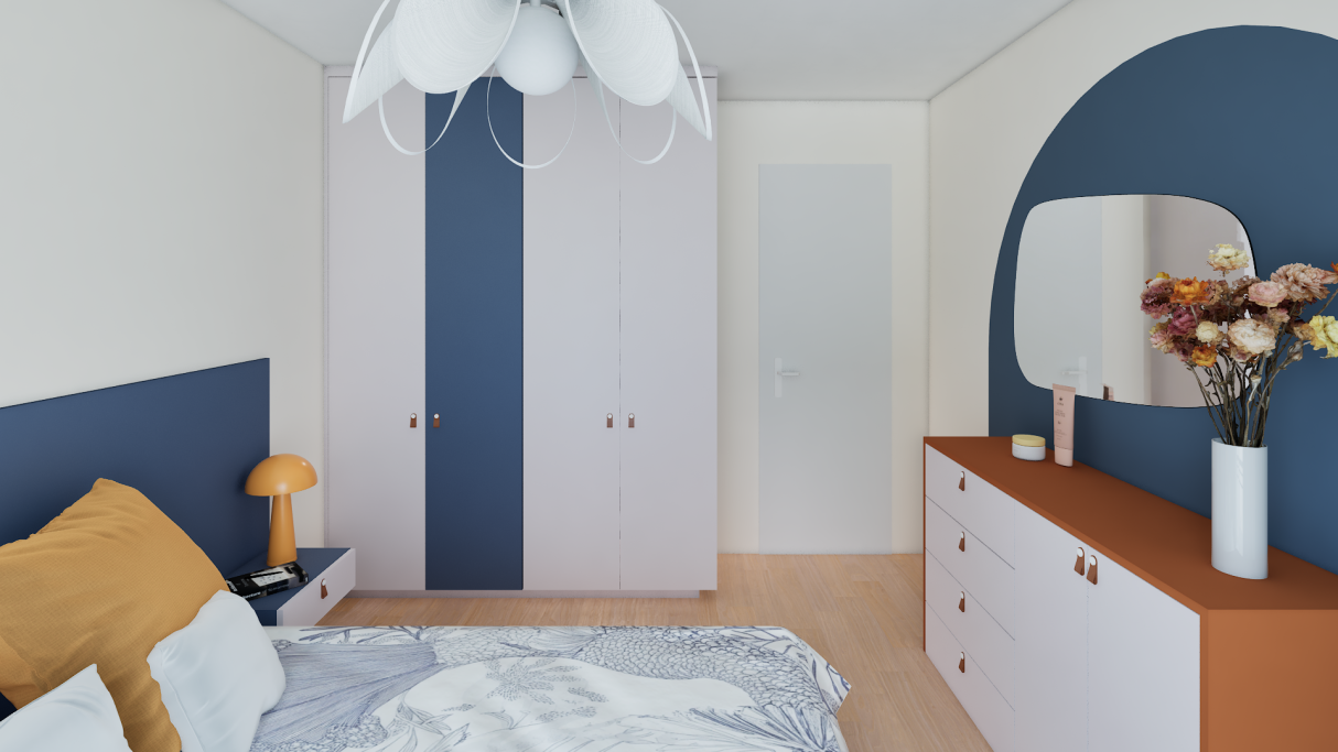 Chambre moderne avec lit, commode, armoire et décor élégant aux murs bleu et beige.
