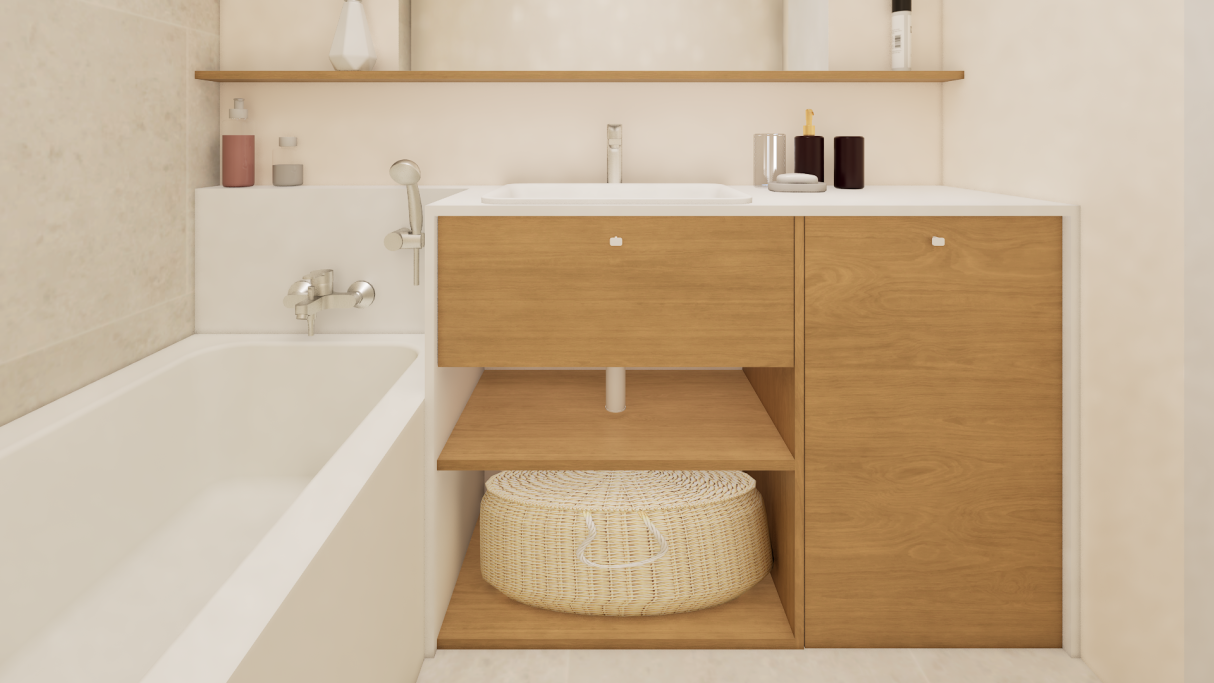 Salle de bain moderne avec meuble en bois, lavabo et baignoire.