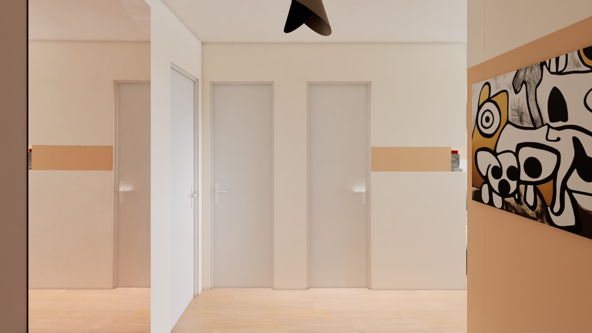 Couloir lumineux avec portes blanches et mur décoré de motifs colorés.