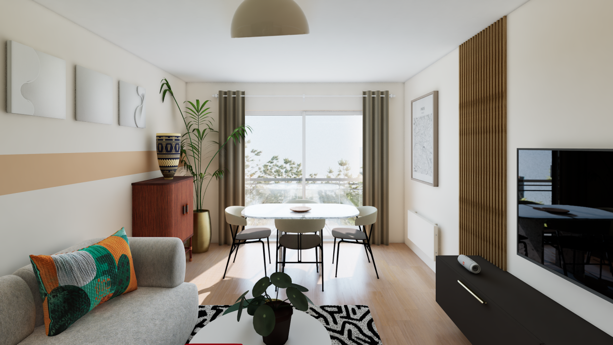 Salon moderne avec canapé, table à manger et grandes fenêtres laissant entrer la lumière.