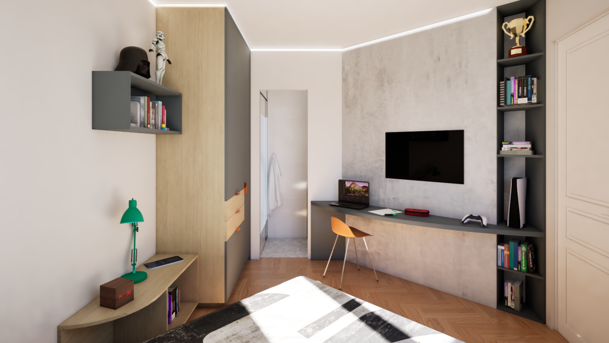 Chambre moderne avec mur de béton, bureau, TV et décoration minimaliste.